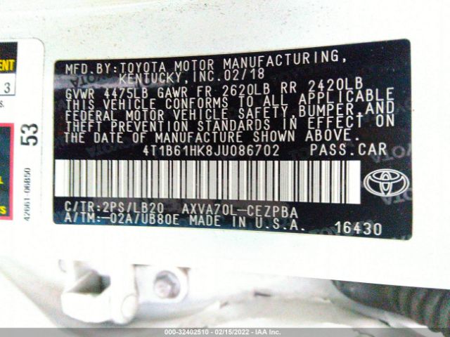 Photo 8 VIN: 4T1B61HK8JU086702 - TOYOTA CAMRY 