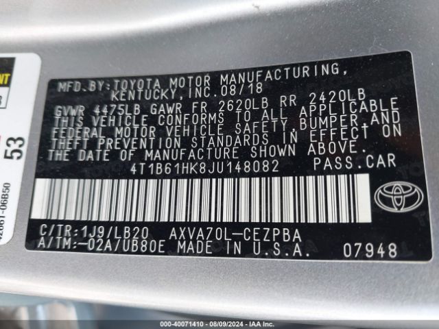 Photo 8 VIN: 4T1B61HK8JU148082 - TOYOTA CAMRY 