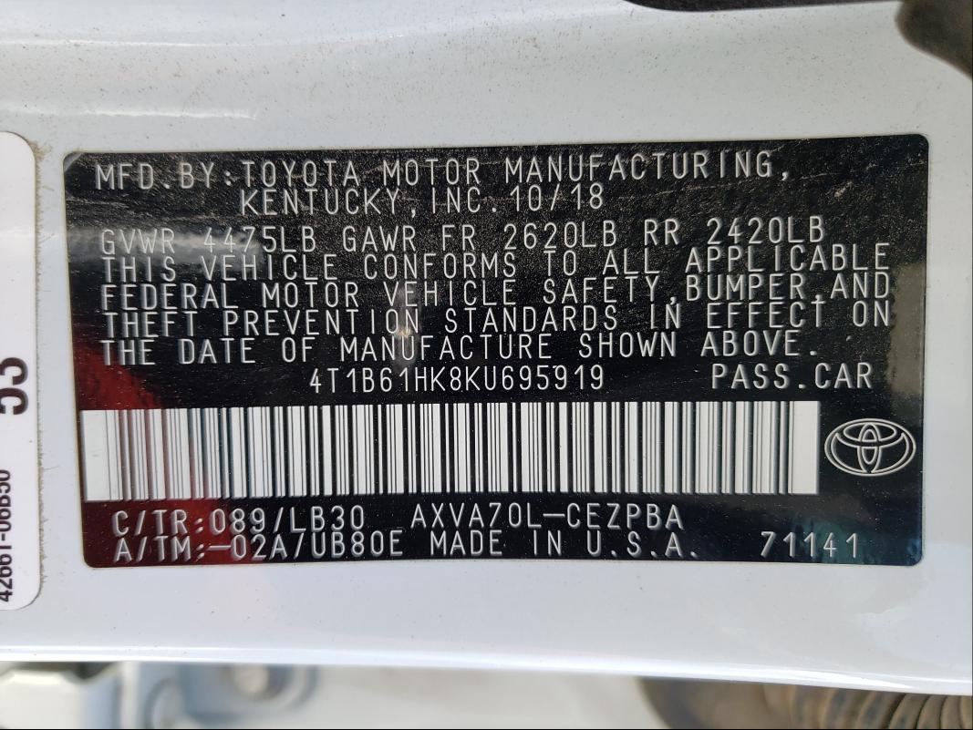 Photo 9 VIN: 4T1B61HK8KU695919 - TOYOTA CAMRY XSE 