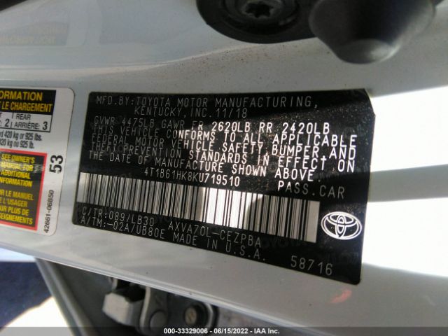 Photo 8 VIN: 4T1B61HK8KU719510 - TOYOTA CAMRY 