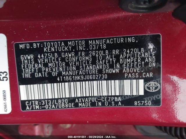 Photo 8 VIN: 4T1B61HK9JU602730 - TOYOTA CAMRY 