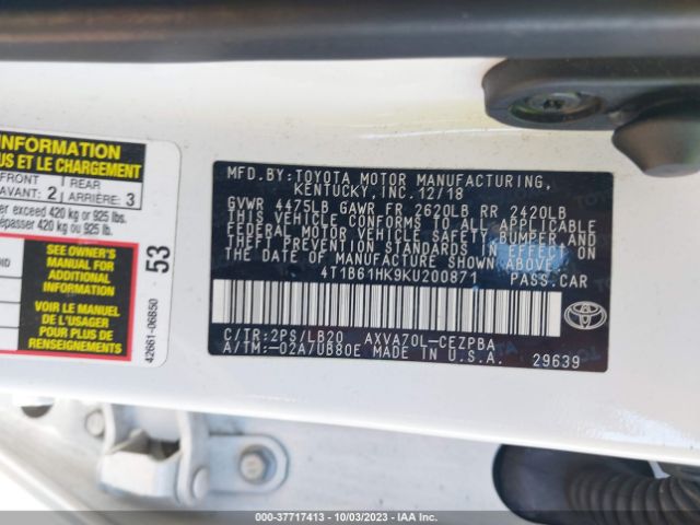 Photo 8 VIN: 4T1B61HK9KU200871 - TOYOTA CAMRY 