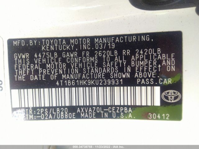 Photo 8 VIN: 4T1B61HK9KU239931 - TOYOTA CAMRY 