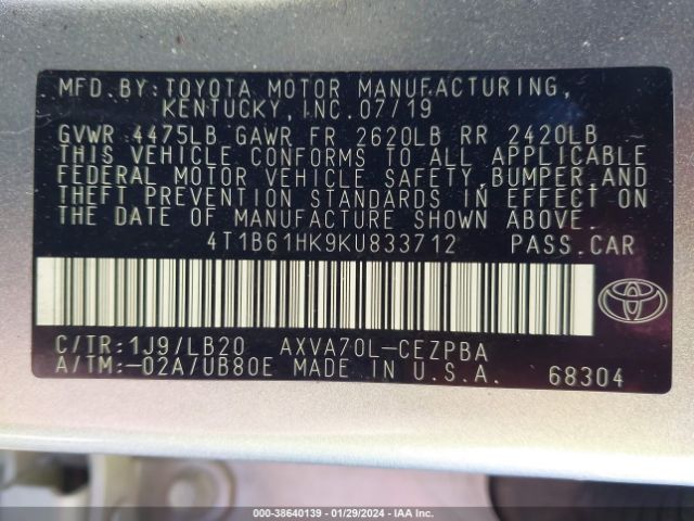 Photo 8 VIN: 4T1B61HK9KU833712 - TOYOTA CAMRY 