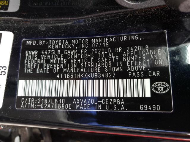 Photo 9 VIN: 4T1B61HKXKU834822 - TOYOTA CAMRY XSE 