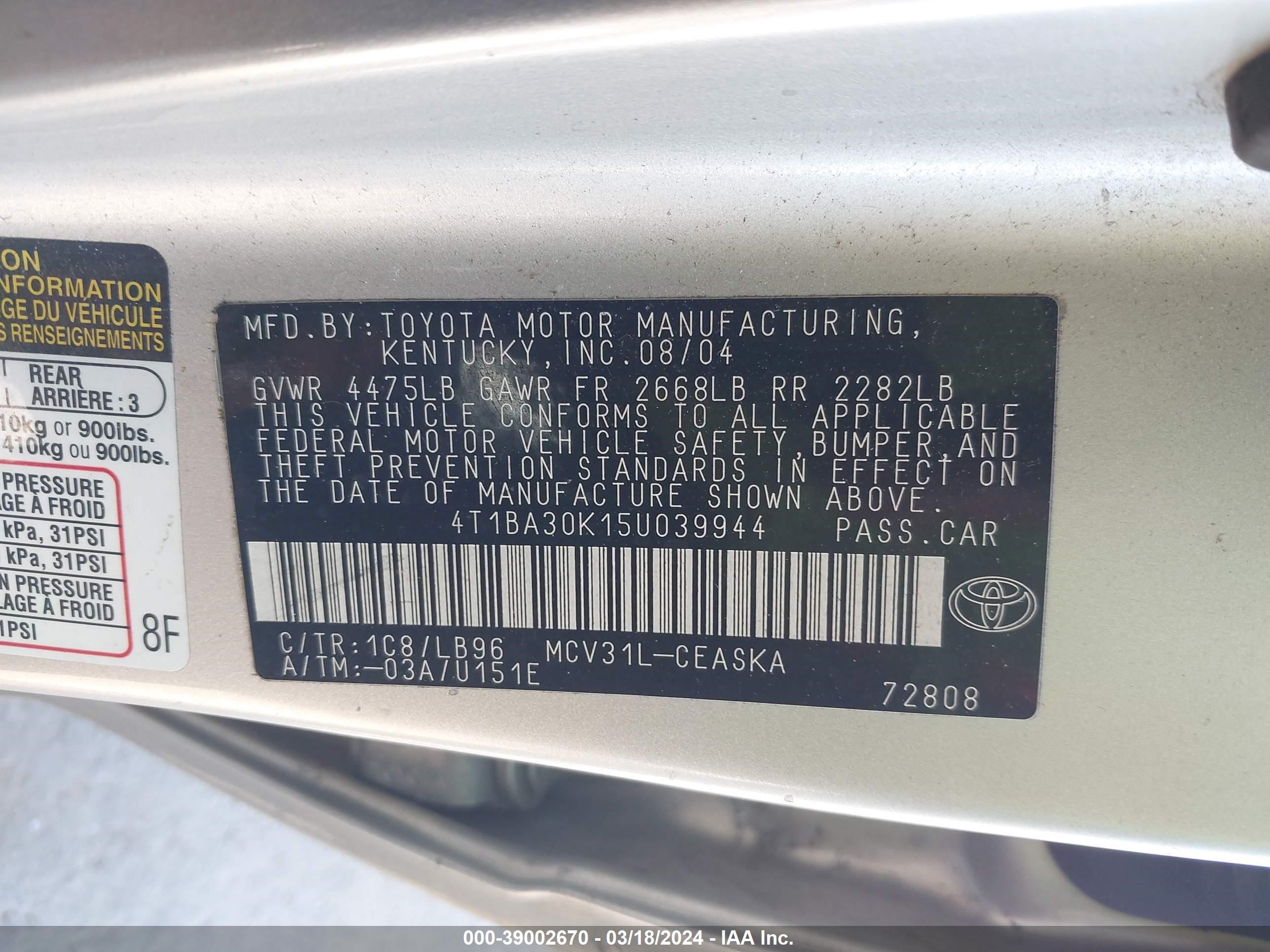 Photo 8 VIN: 4T1BA30K15U039944 - TOYOTA CAMRY 