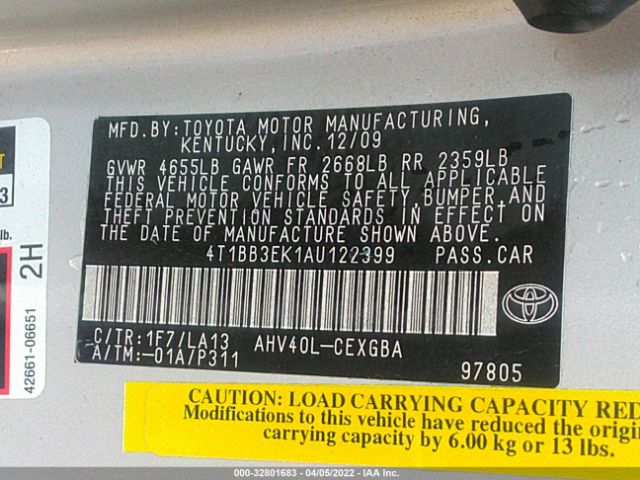 Photo 8 VIN: 4T1BB3EK1AU122399 - TOYOTA CAMRY HYBRID 