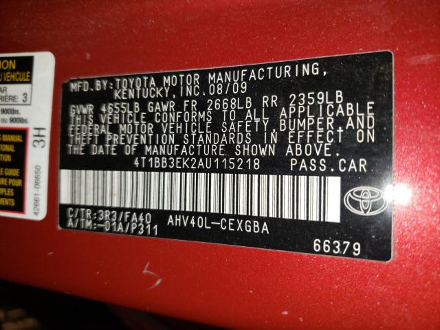 Photo 9 VIN: 4T1BB3EK2AU115218 - TOYOTA CAMRY HYBR 