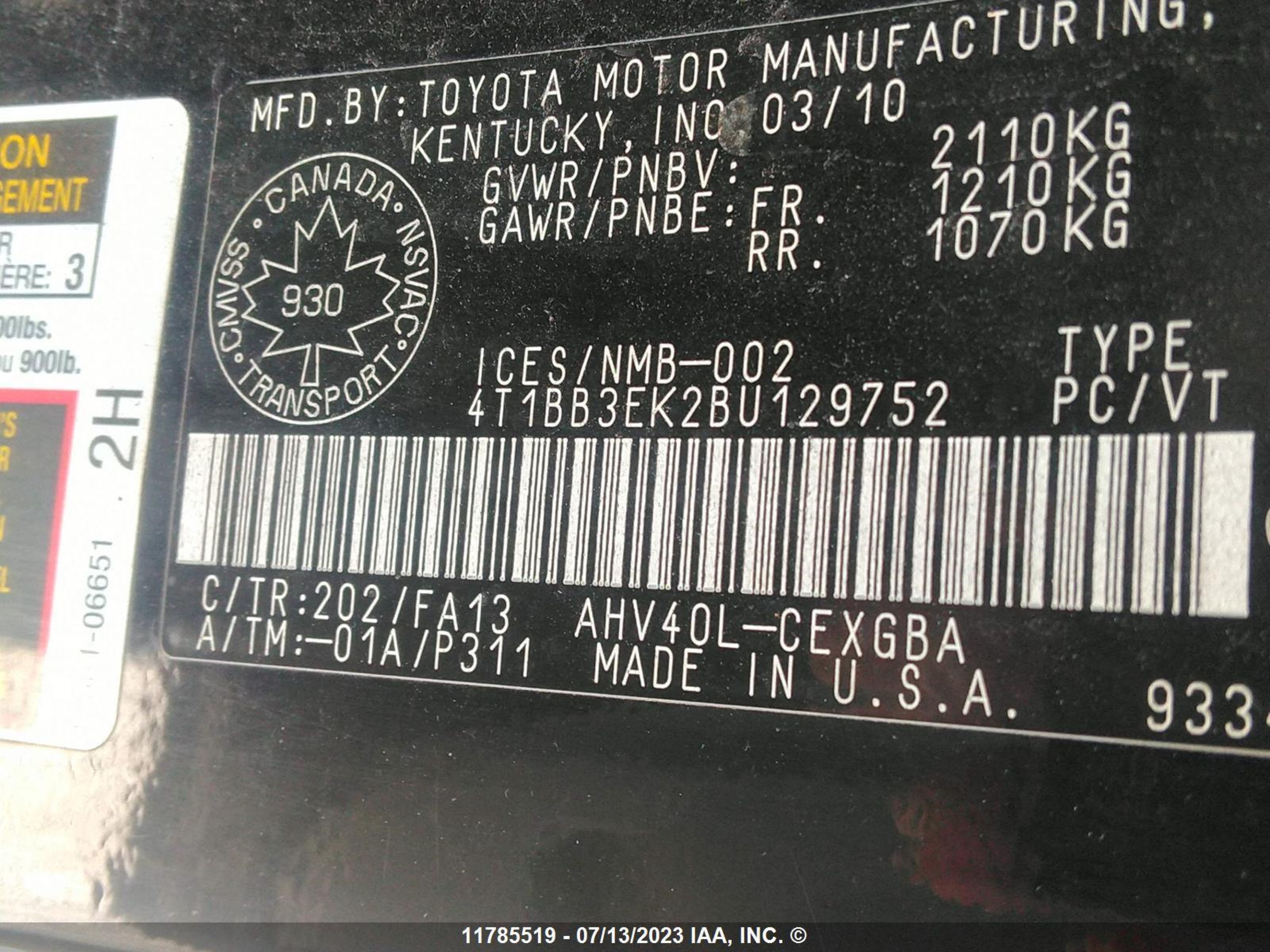 Photo 8 VIN: 4T1BB3EK2BU129752 - TOYOTA CAMRY 