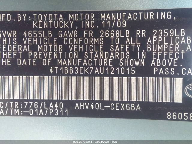 Photo 8 VIN: 4T1BB3EK7AU121015 - TOYOTA CAMRY HYBRID 