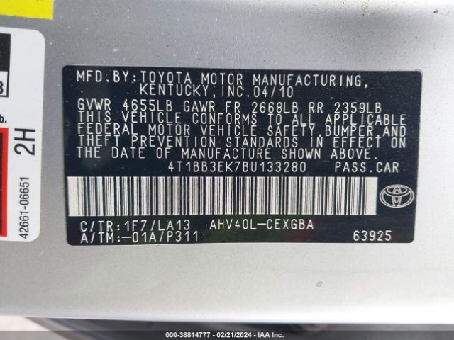 Photo 8 VIN: 4T1BB3EK7BU133280 - TOYOTA CAMRY HYBRID 