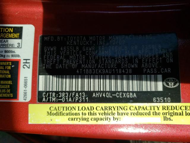 Photo 9 VIN: 4T1BB3EK9AU118438 - TOYOTA CAMRY HYBR 