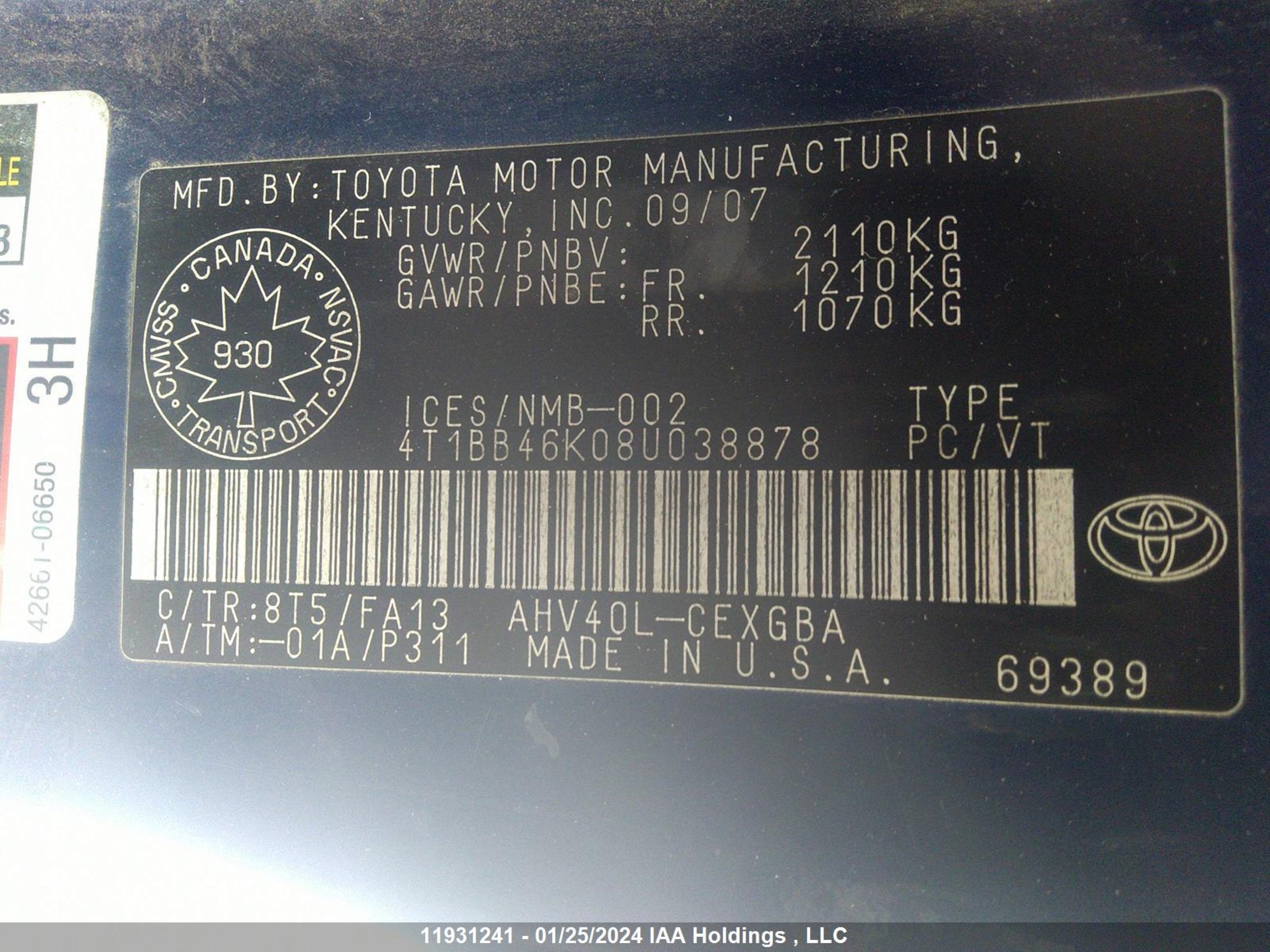 Photo 8 VIN: 4T1BB46K08U038878 - TOYOTA CAMRY 