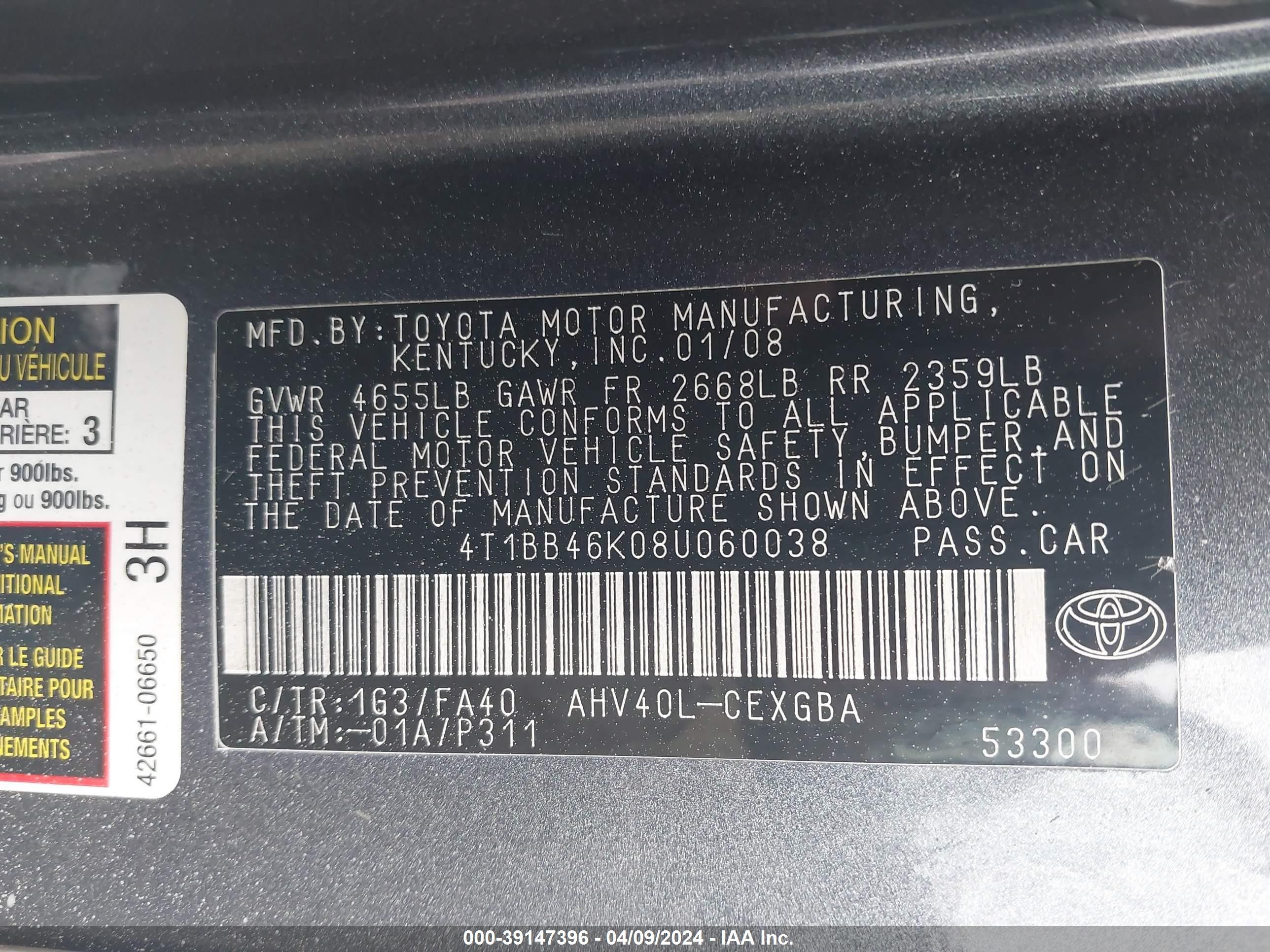 Photo 8 VIN: 4T1BB46K08U060038 - TOYOTA CAMRY 