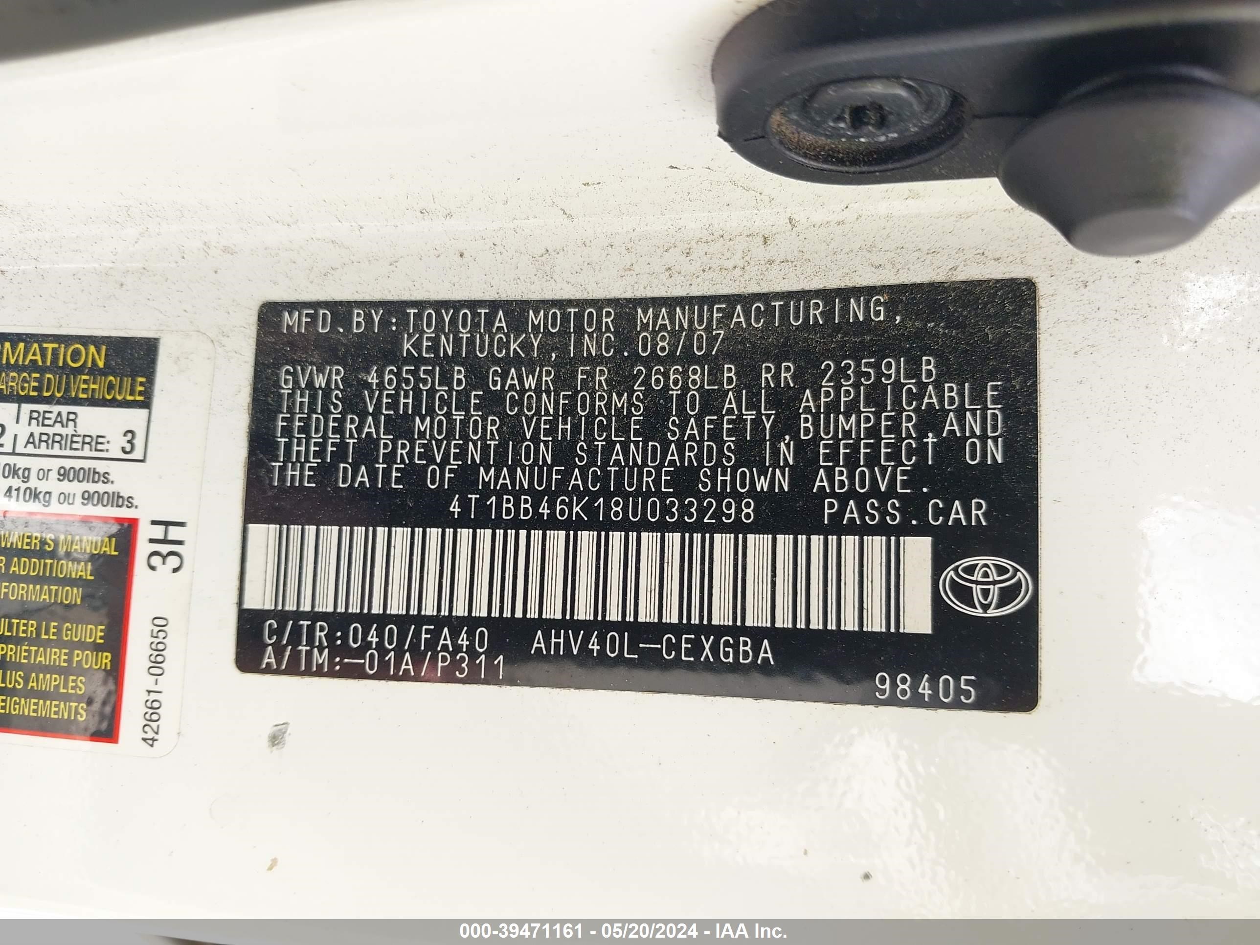 Photo 8 VIN: 4T1BB46K18U033298 - TOYOTA CAMRY 