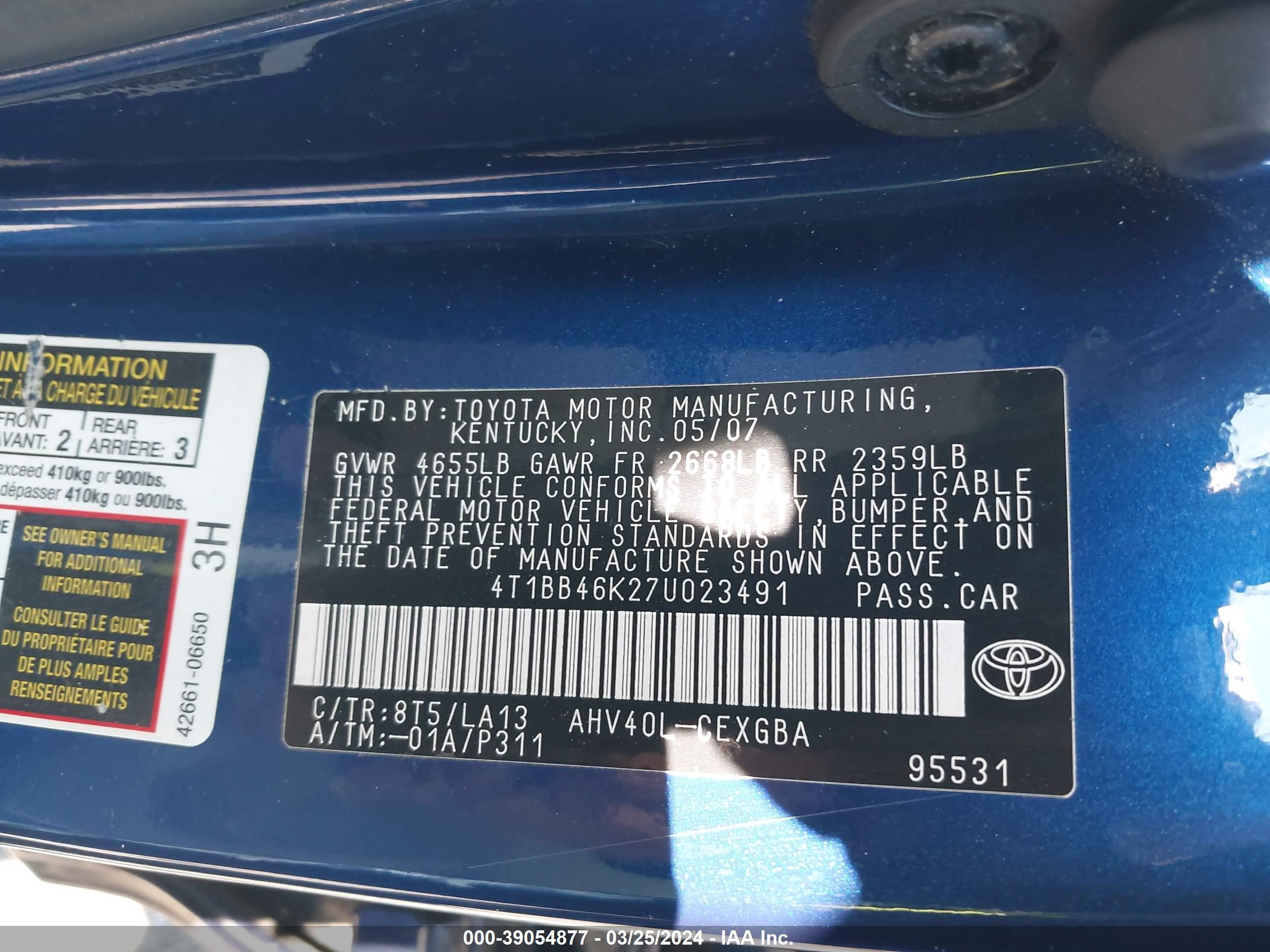 Photo 8 VIN: 4T1BB46K27U023491 - TOYOTA CAMRY 