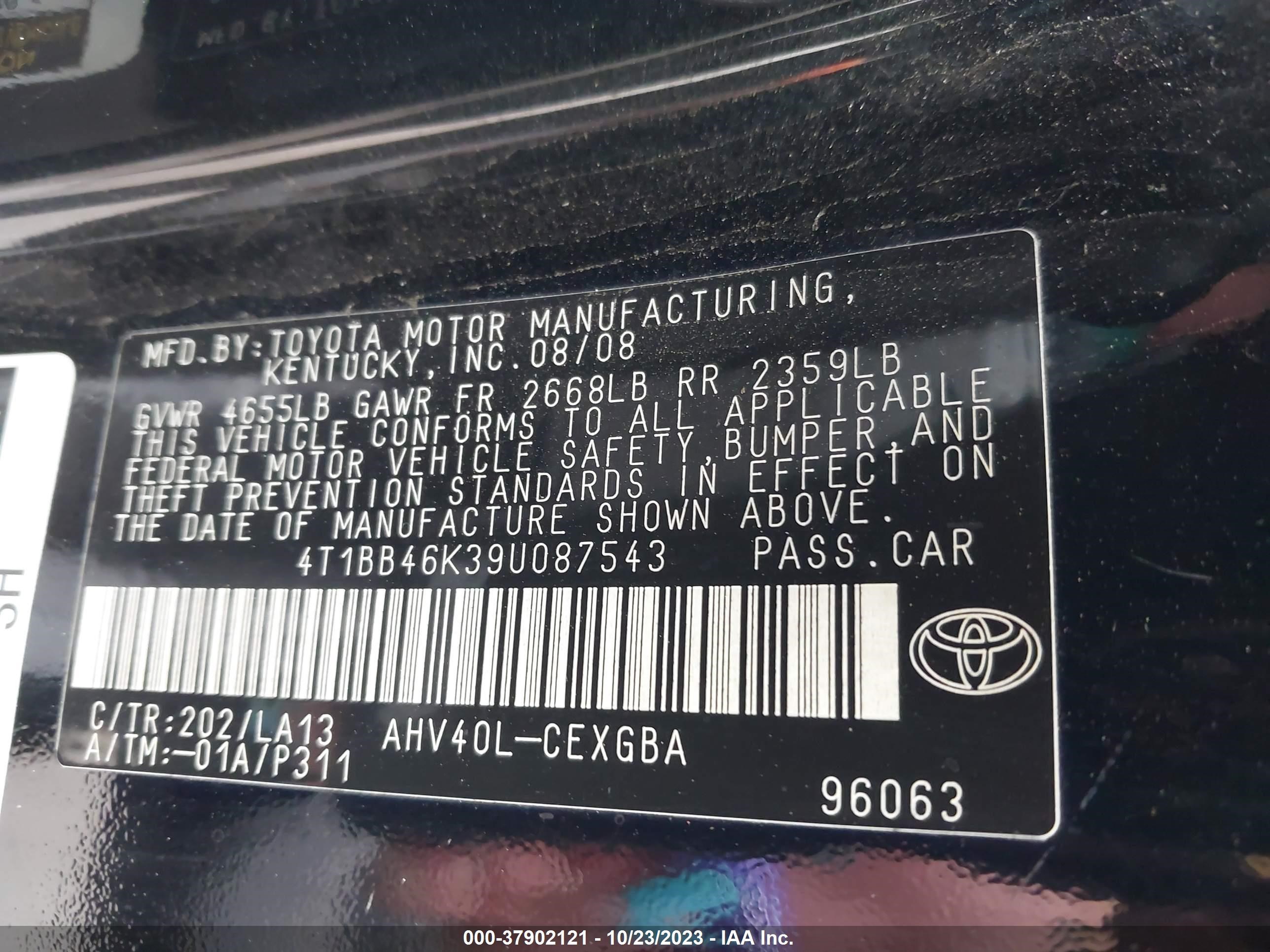 Photo 8 VIN: 4T1BB46K39U087543 - TOYOTA CAMRY 