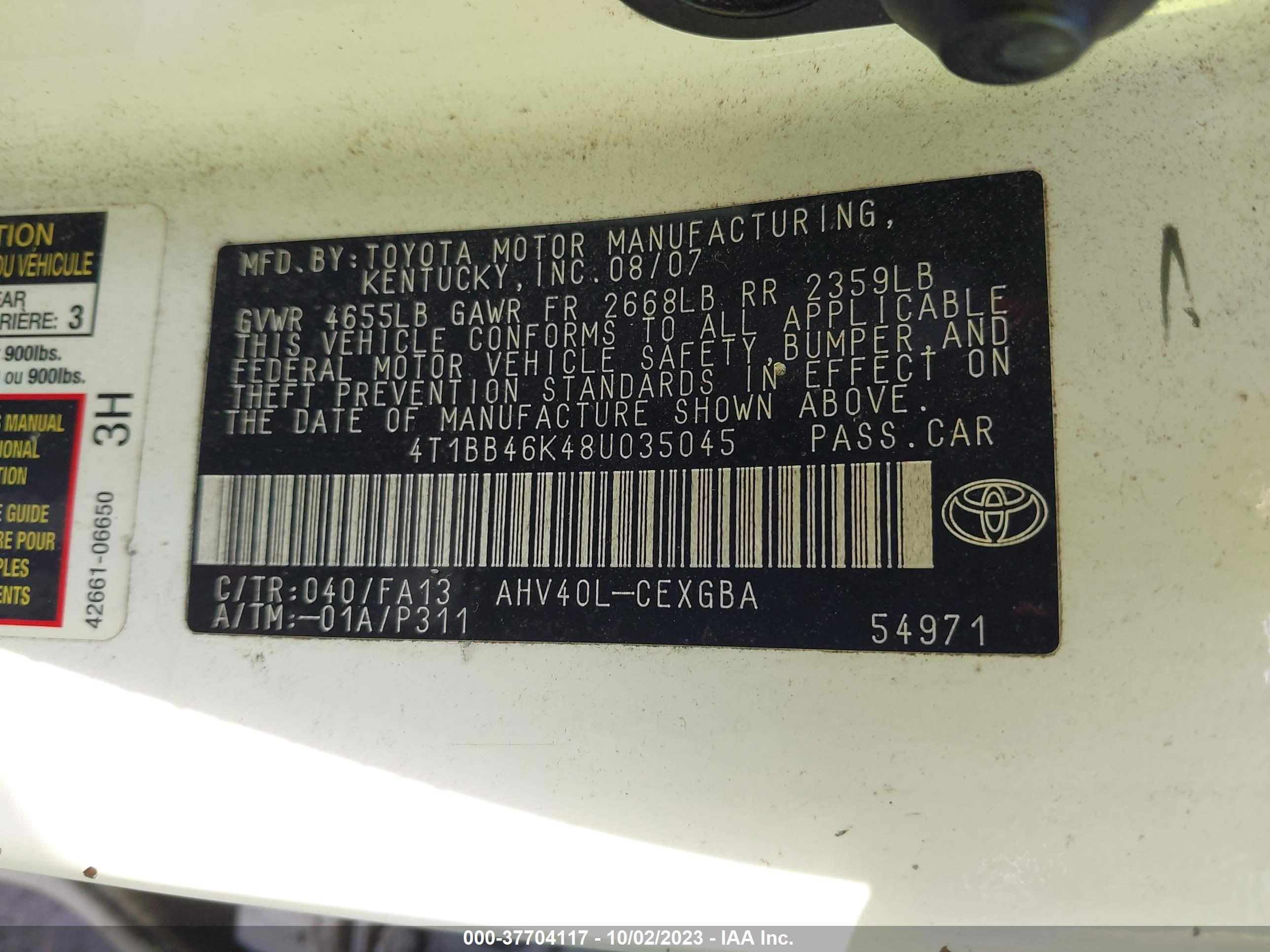 Photo 8 VIN: 4T1BB46K48U035045 - TOYOTA CAMRY 