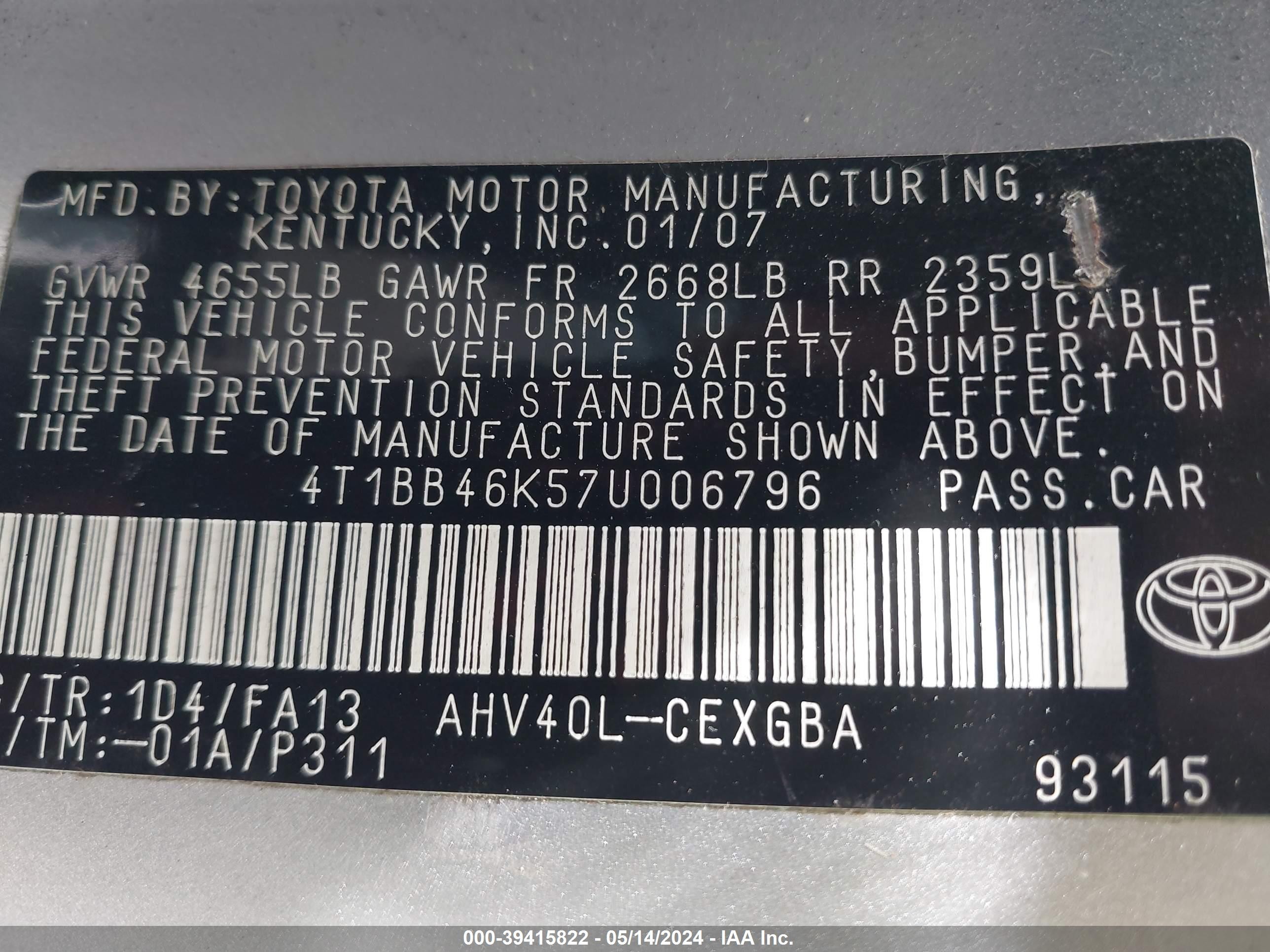 Photo 8 VIN: 4T1BB46K57U006796 - TOYOTA CAMRY 