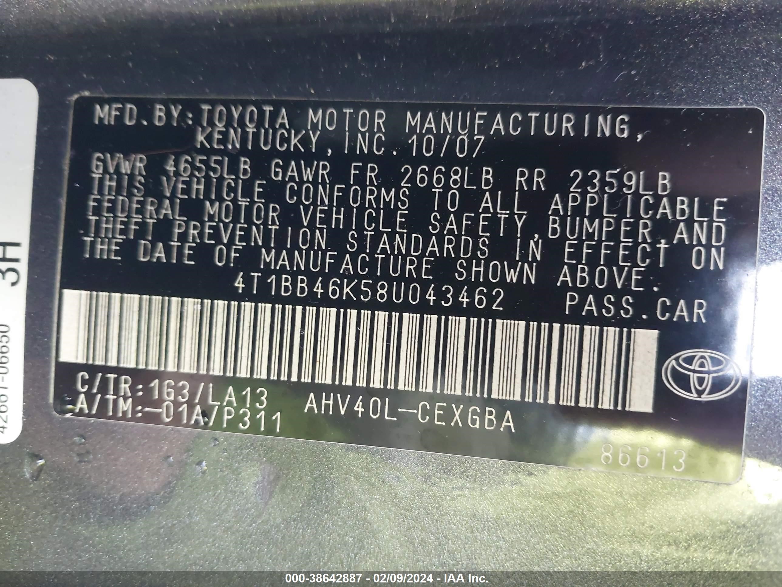 Photo 8 VIN: 4T1BB46K58U043462 - TOYOTA CAMRY 