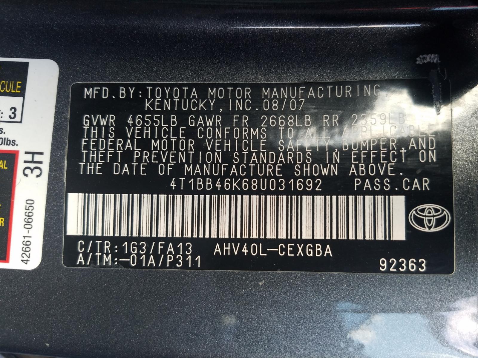 Photo 9 VIN: 4T1BB46K68U031692 - TOYOTA CAMRY HYBR 