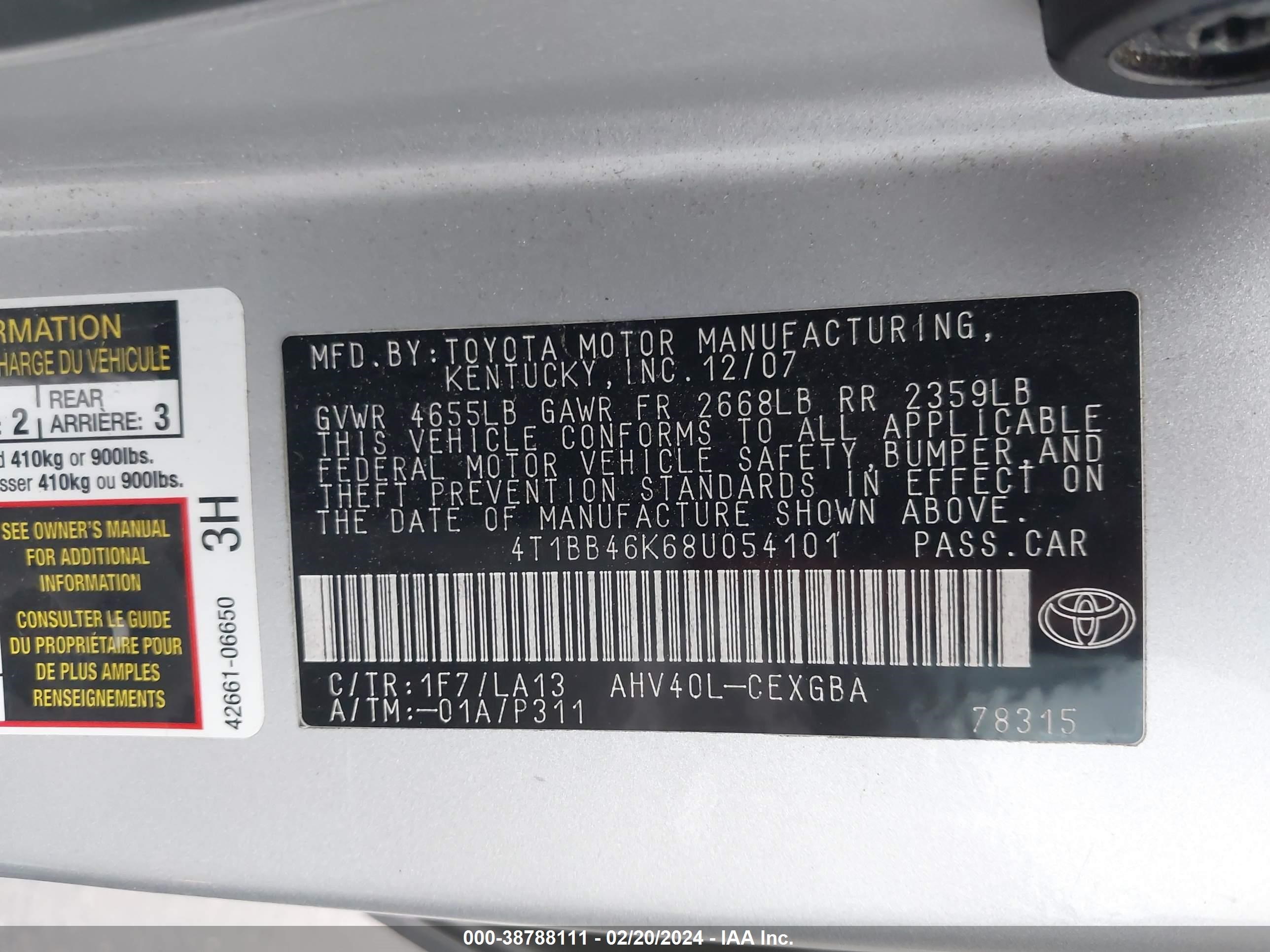 Photo 8 VIN: 4T1BB46K68U054101 - TOYOTA CAMRY 