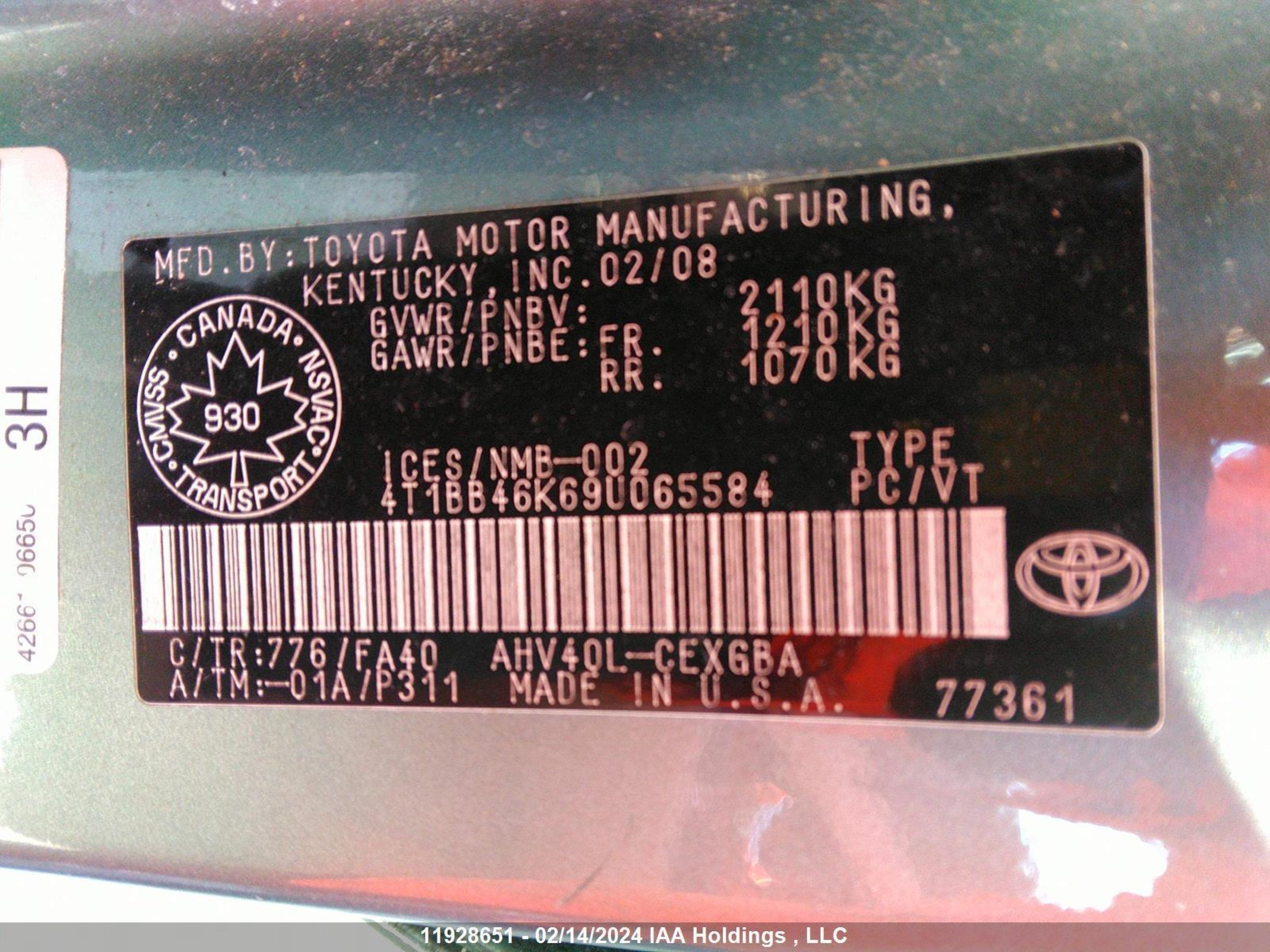 Photo 8 VIN: 4T1BB46K69U065584 - TOYOTA CAMRY 