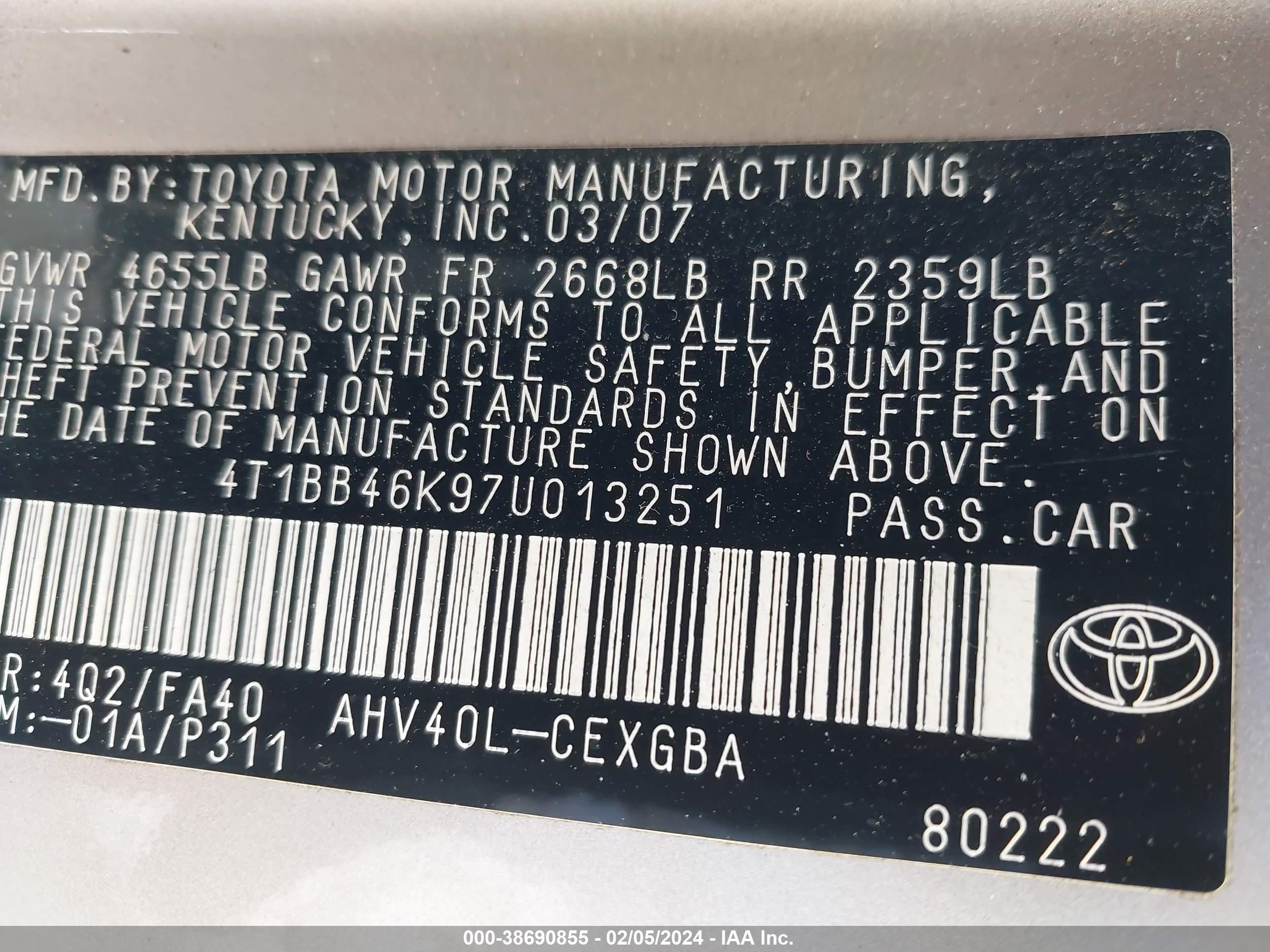 Photo 8 VIN: 4T1BB46K97U013251 - TOYOTA CAMRY 