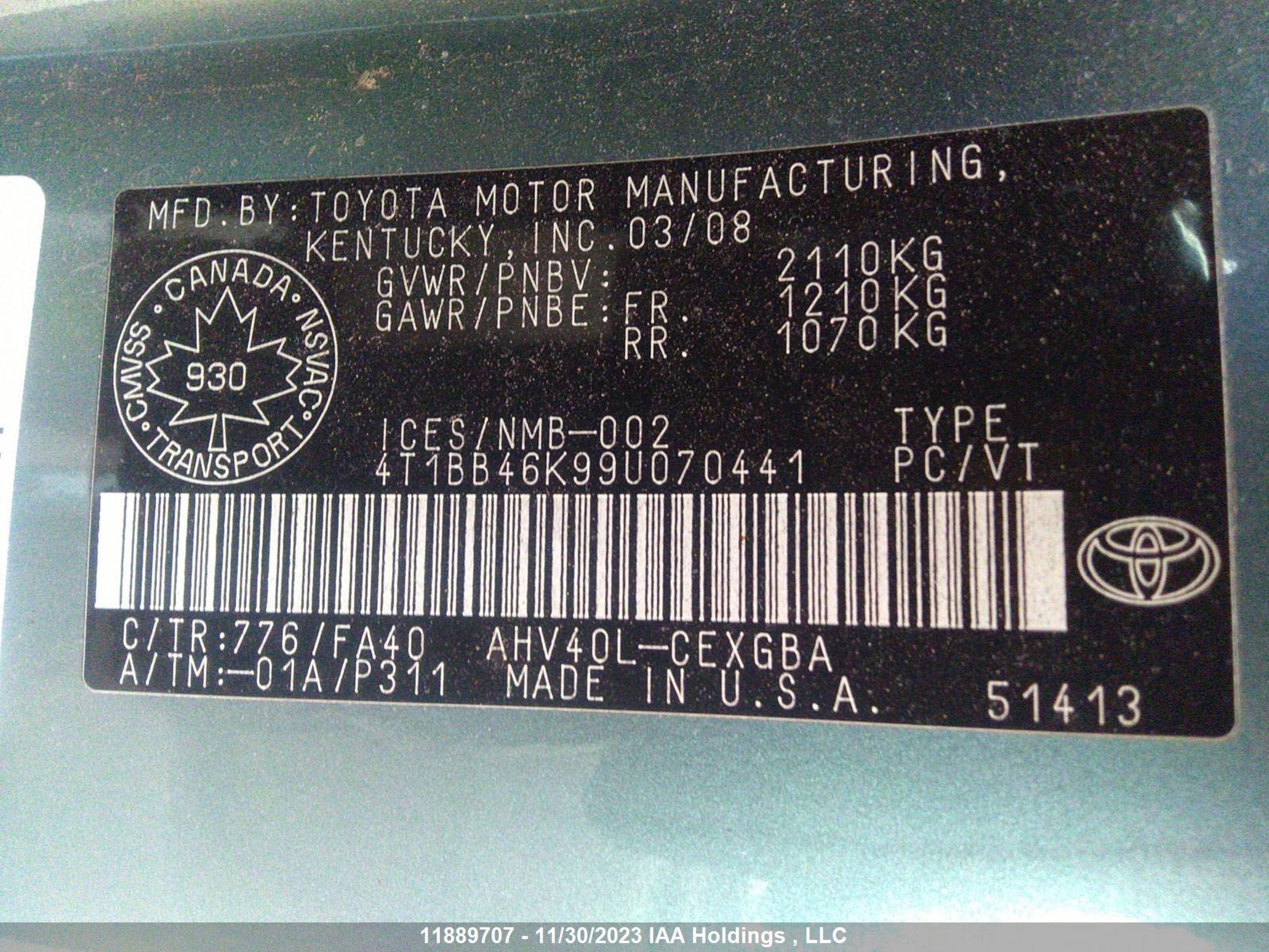 Photo 8 VIN: 4T1BB46K99U070441 - TOYOTA CAMRY 