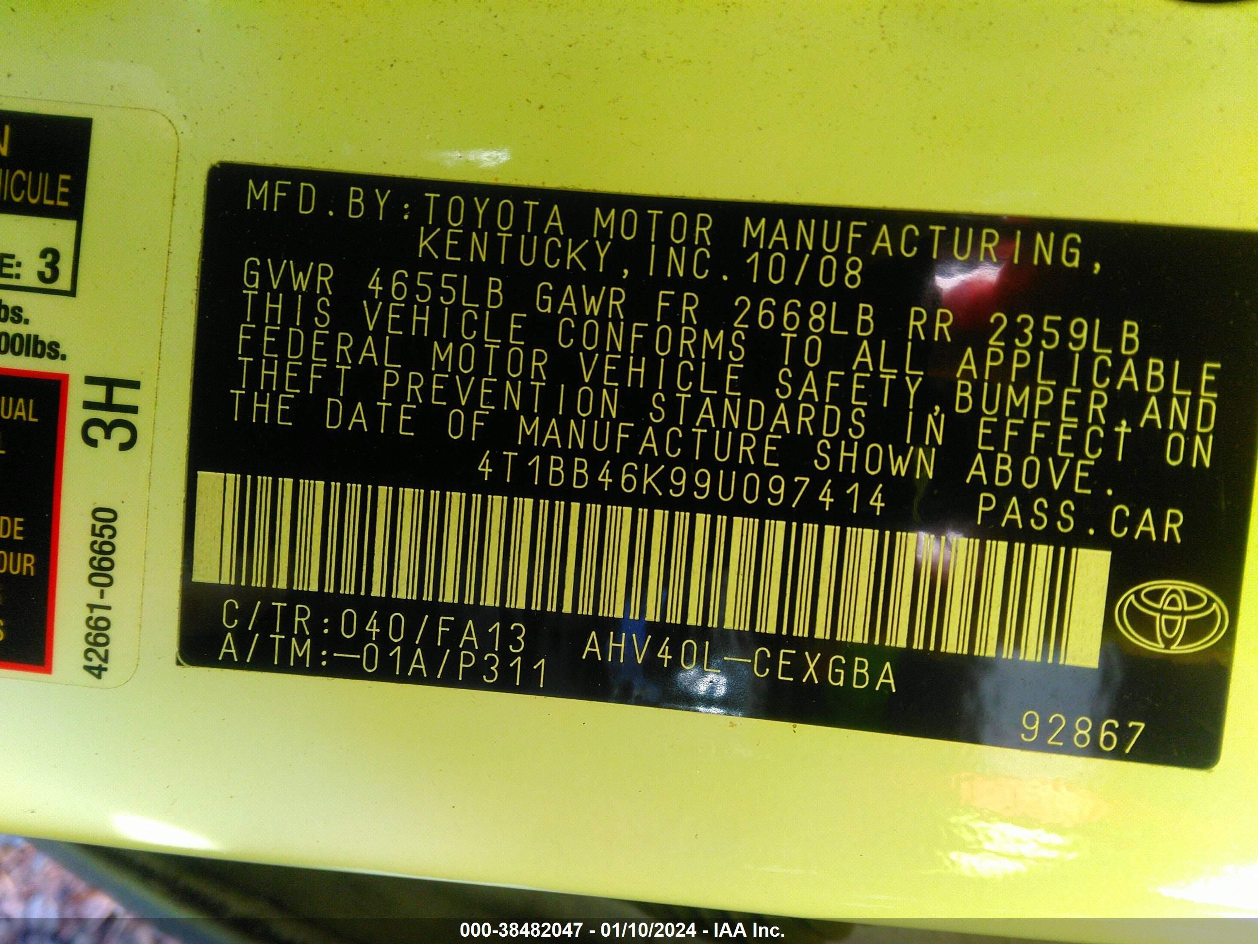 Photo 8 VIN: 4T1BB46K99U097414 - TOYOTA CAMRY 