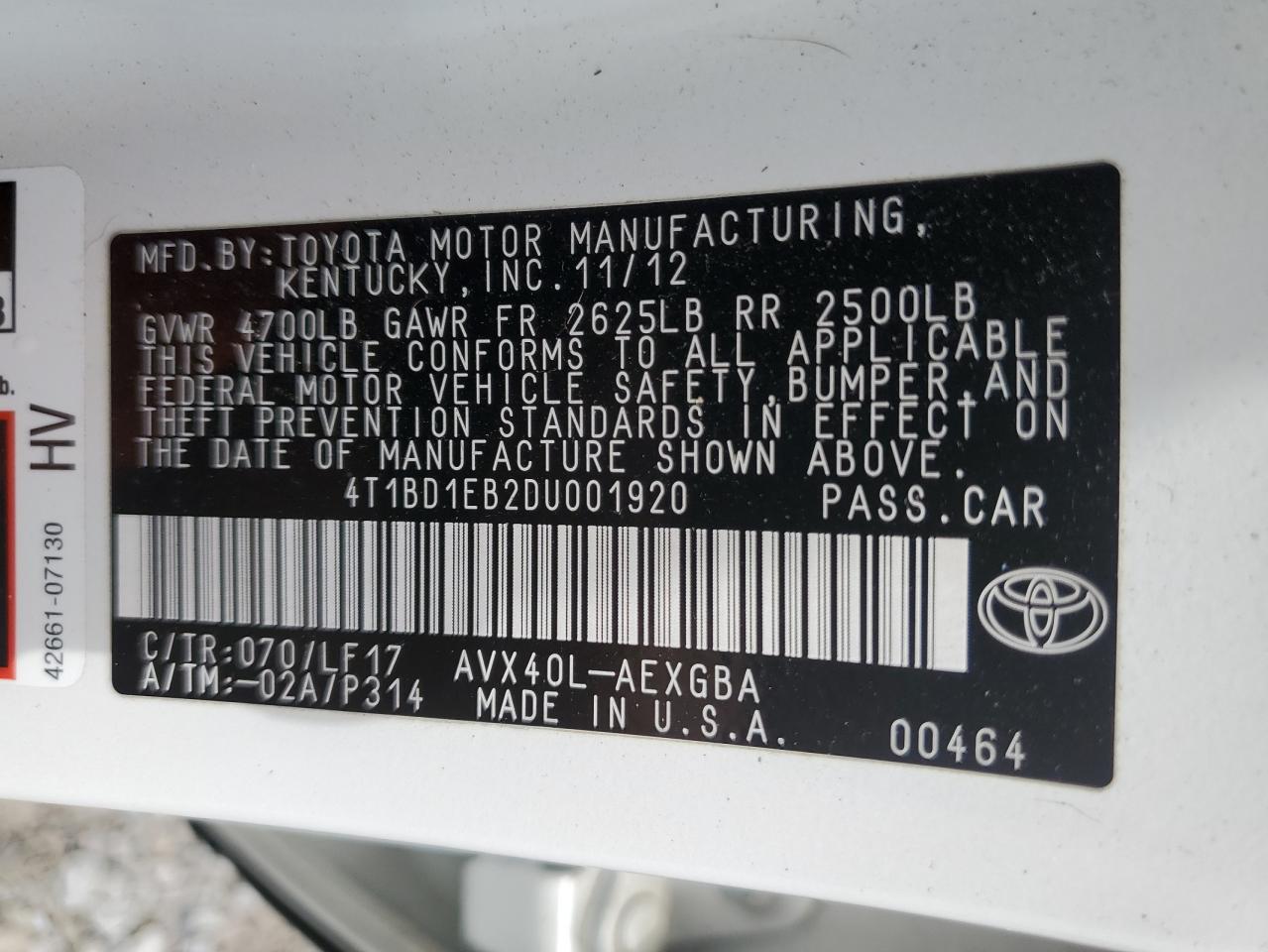 Photo 11 VIN: 4T1BD1EB2DU001920 - TOYOTA AVALON 