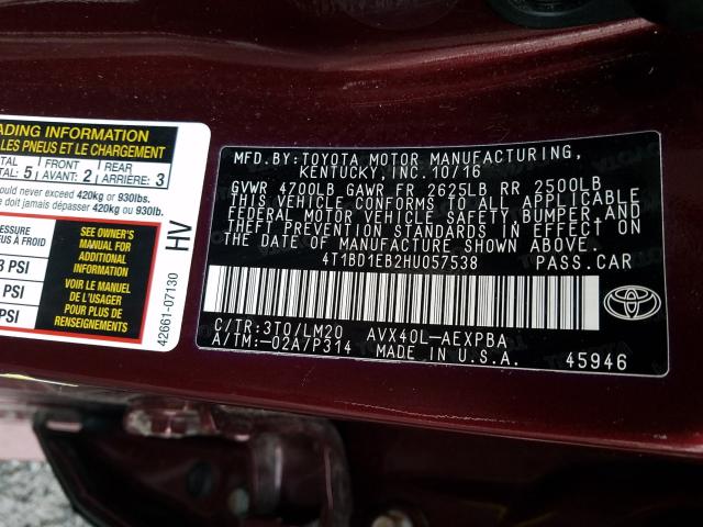 Photo 9 VIN: 4T1BD1EB2HU057538 - TOYOTA AVALON HYB 