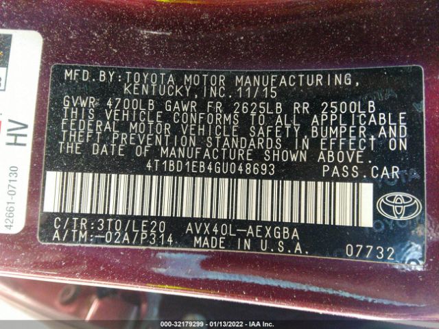 Photo 8 VIN: 4T1BD1EB4GU048693 - TOYOTA AVALON HYBRID 