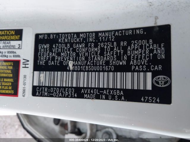 Photo 8 VIN: 4T1BD1EB5DU001670 - TOYOTA AVALON HYBRID 