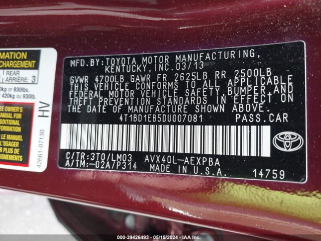 Photo 8 VIN: 4T1BD1EB5DU007081 - TOYOTA AVALON HYBRID 