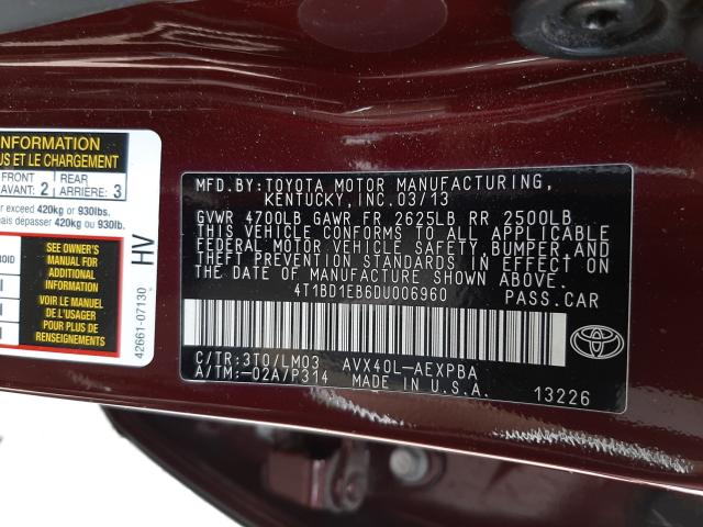 Photo 9 VIN: 4T1BD1EB6DU006960 - TOYOTA AVALON HYB 