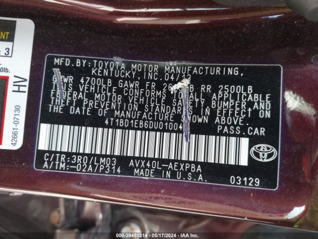 Photo 8 VIN: 4T1BD1EB6DU010040 - TOYOTA AVALON 