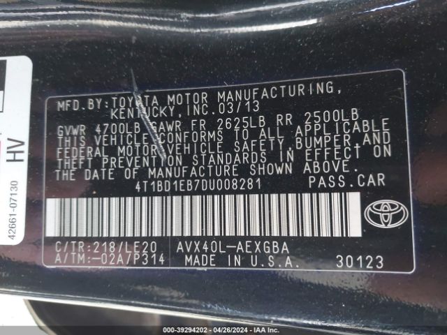 Photo 8 VIN: 4T1BD1EB7DU008281 - TOYOTA AVALON HYBRID 