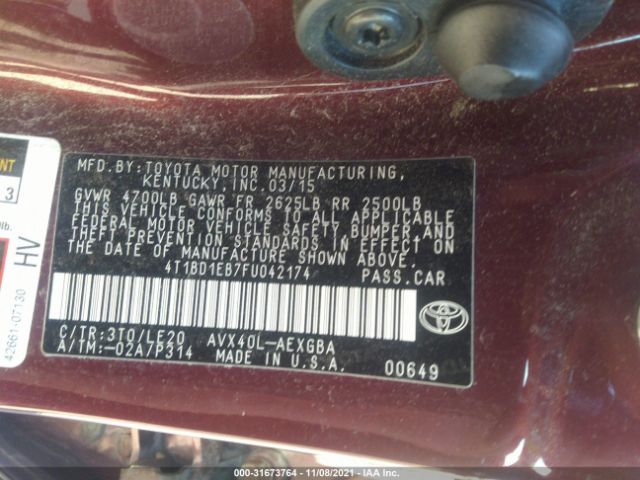 Photo 8 VIN: 4T1BD1EB7FU042174 - TOYOTA AVALON HYBRID 