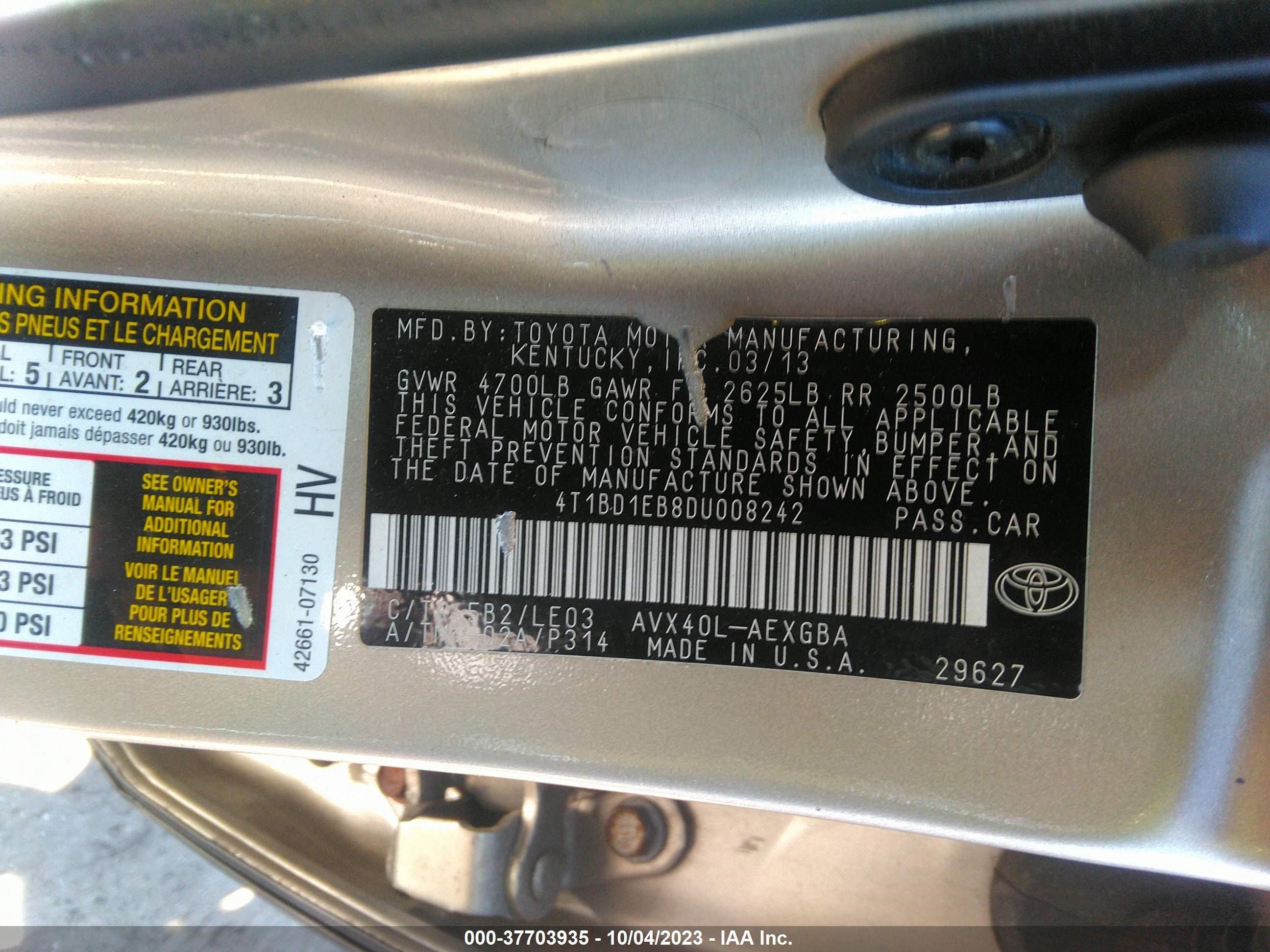 Photo 8 VIN: 4T1BD1EB8DU008242 - TOYOTA AVALON 