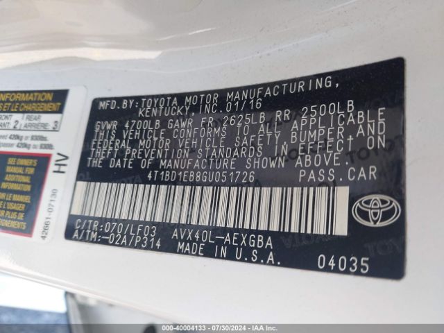 Photo 8 VIN: 4T1BD1EB8GU051726 - TOYOTA AVALON 