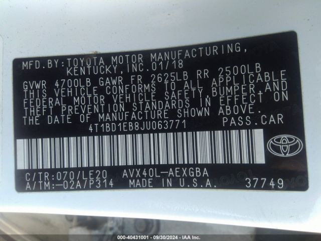 Photo 8 VIN: 4T1BD1EB8JU063771 - TOYOTA AVALON 