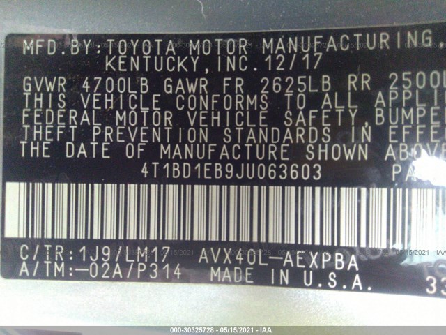 Photo 8 VIN: 4T1BD1EB9JU063603 - TOYOTA AVALON 