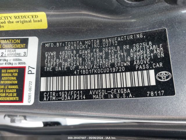 Photo 8 VIN: 4T1BD1FK0CU019720 - TOYOTA CAMRY HYBRID 