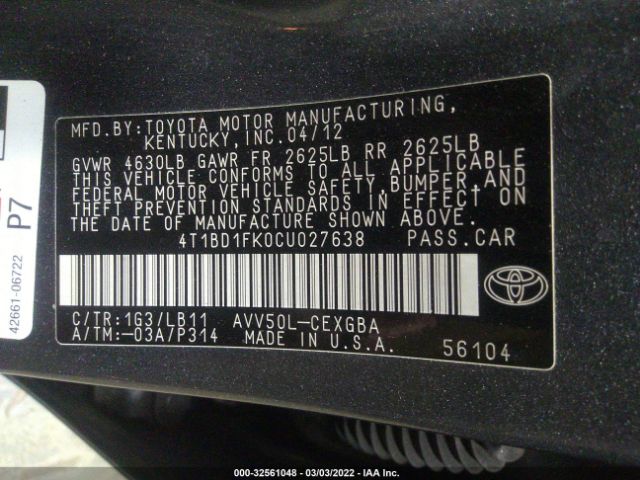 Photo 8 VIN: 4T1BD1FK0CU027638 - TOYOTA CAMRY HYBRID 