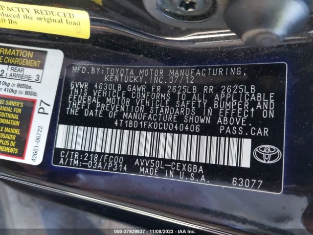 Photo 8 VIN: 4T1BD1FK0CU040406 - TOYOTA CAMRY HYBRID 