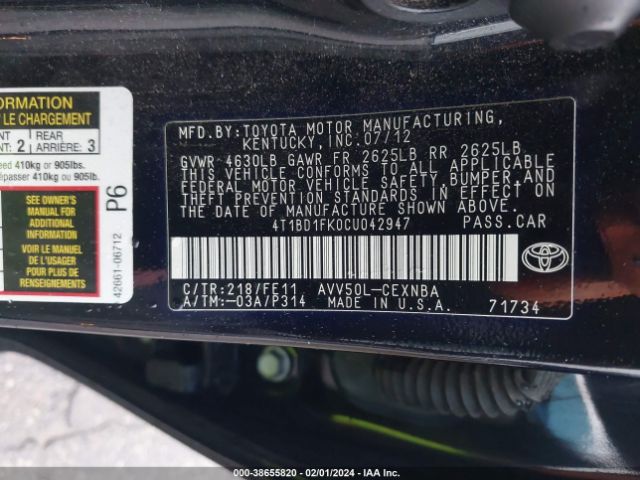 Photo 8 VIN: 4T1BD1FK0CU042947 - TOYOTA CAMRY HYBRID 