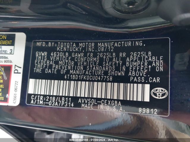 Photo 8 VIN: 4T1BD1FK0CU047758 - TOYOTA CAMRY HYBRID 