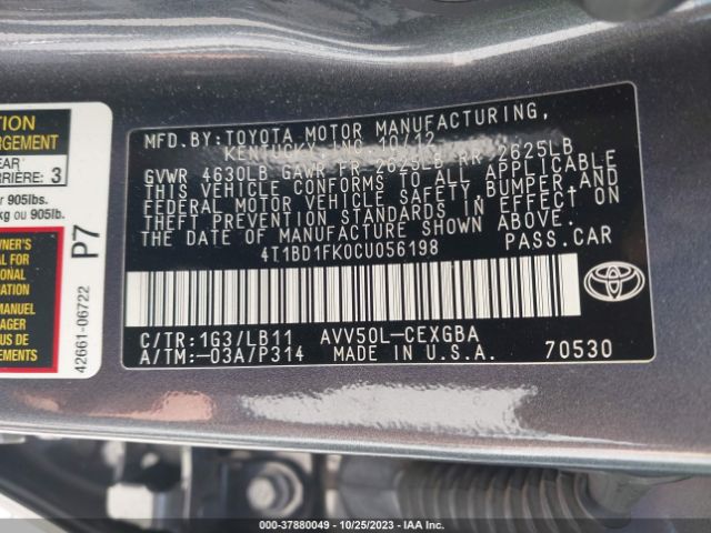 Photo 8 VIN: 4T1BD1FK0CU056198 - TOYOTA CAMRY HYBRID 