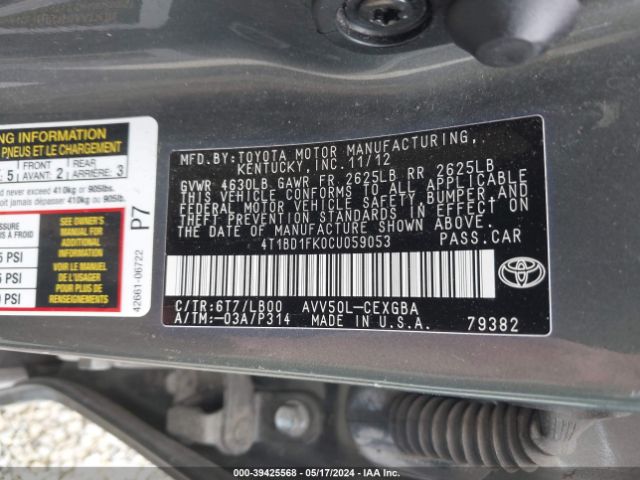 Photo 8 VIN: 4T1BD1FK0CU059053 - TOYOTA CAMRY HYBRID 